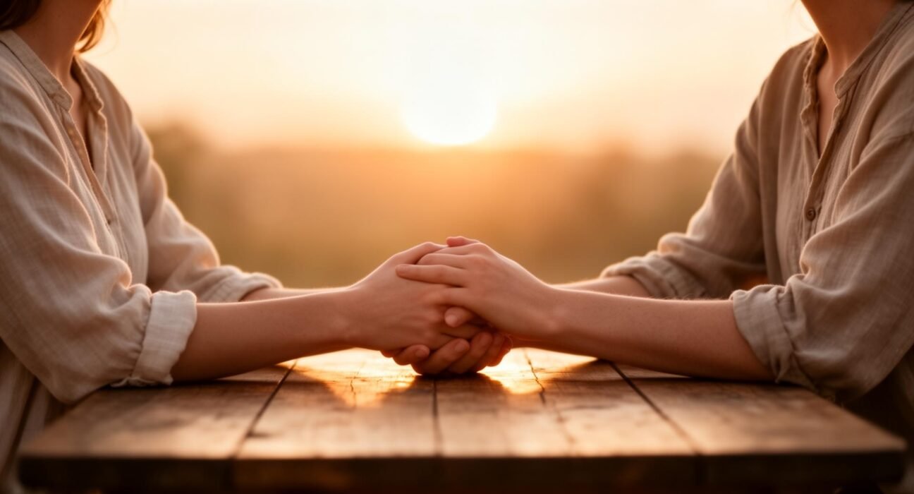 Reassurance in Relationship: A couple holding hands across a wooden table at sunset