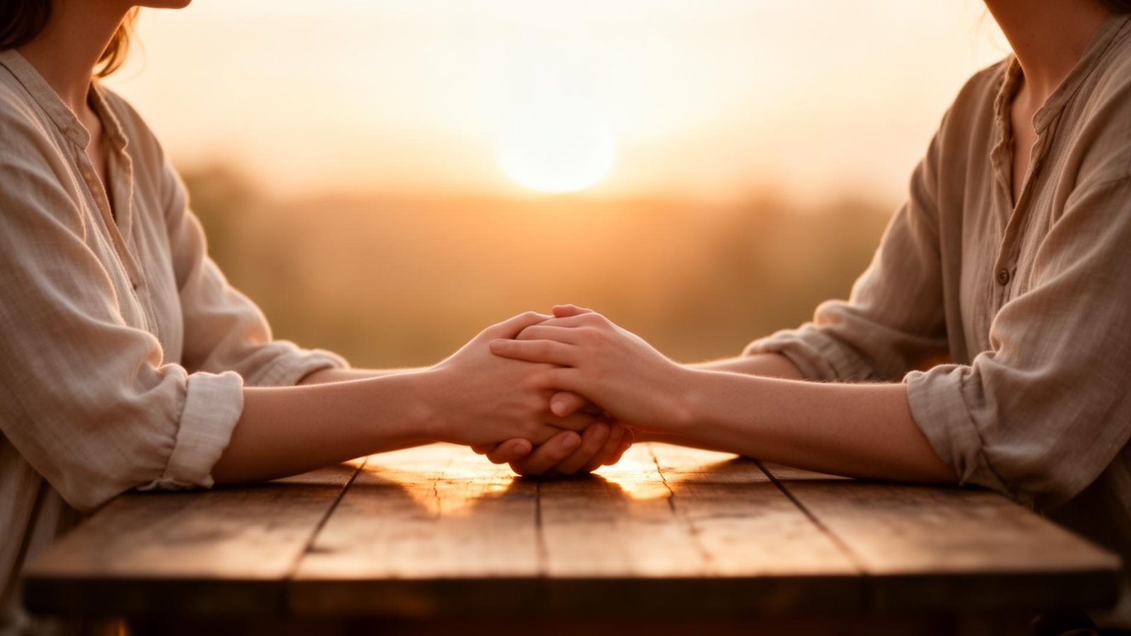 Reassurance in Relationship: A couple holding hands across a wooden table at sunset