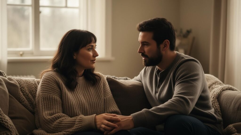 Reassurance in Relationship: A couple having heartfelt conversation on a cozy sofa