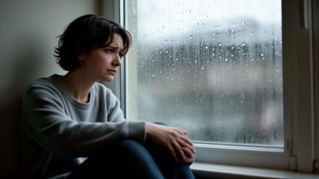 Reassurance in Relationship: A person sitting alone by a window on a rainy day, looking thoughtful