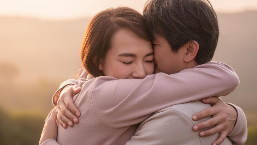Reassurance in Relationship: A warm comforting hug between two people in sunrise